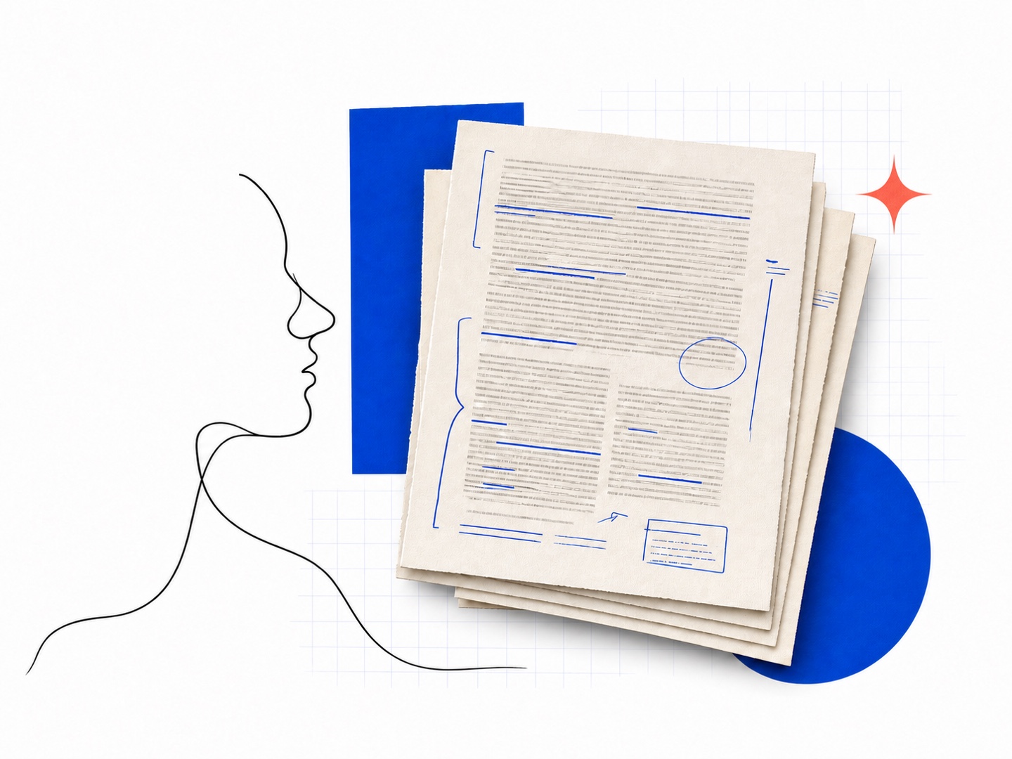 Abstract profile, research pages, cobalt geometry, and a coral four-point star